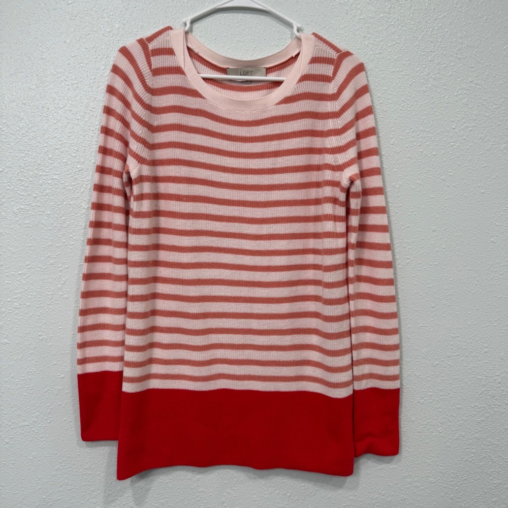 Ann Taylor Loft‎ Womens Medium Striped Colorblock Knit Sweater Pink Orange Red